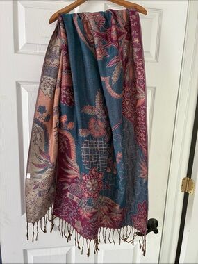 Blue & Red Floral Pashmina Head Wrap Scarf Fringe
